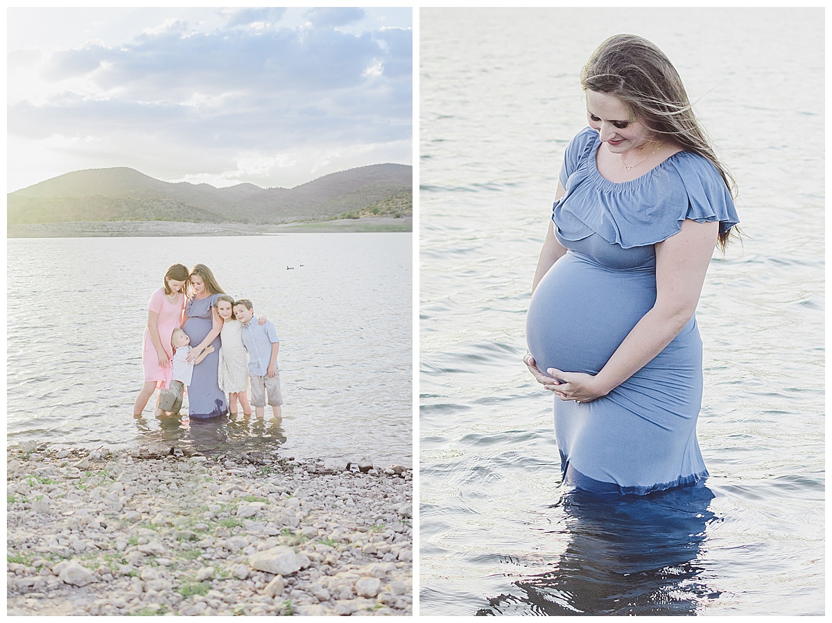 Mom and children in the water at Lake Pleasant posing for family maternity photo session