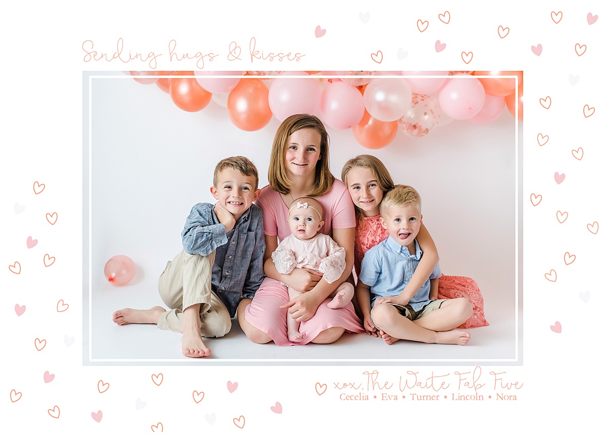 Valentine's Day photo card featuring 5 children surrounded by pink balloons